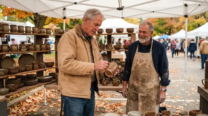 A pottery booth at an outdoor autumn craft fair with rows of brown stoneware mugs on wooden shelves and a tall man in a work jacket holding one up