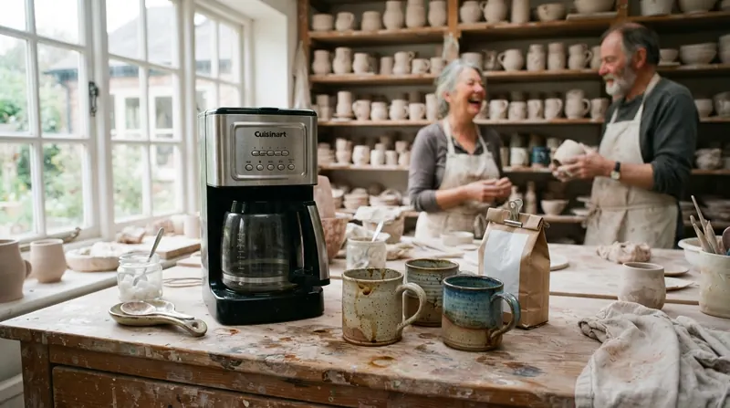 A twelve-cup drip coffee maker with a nearly empty glass carafe on a cluttered studio counter beside several used stoneware mugs