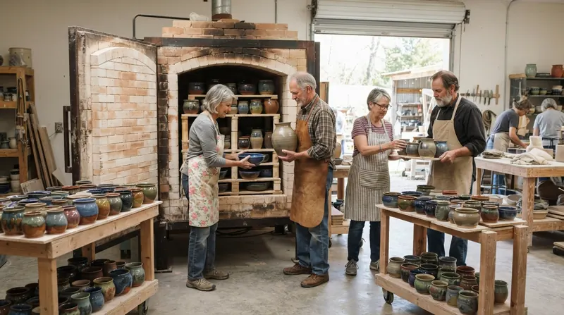 A group of older potters loading glazed pots onto the shelves of a big gas kiln at a community pottery co-op