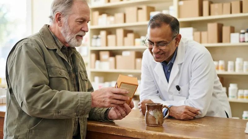 A friendly pharmacist reading the back of a small coffee-packet box held out by an older man in a work jacket at a neighborhood pharmacy counter