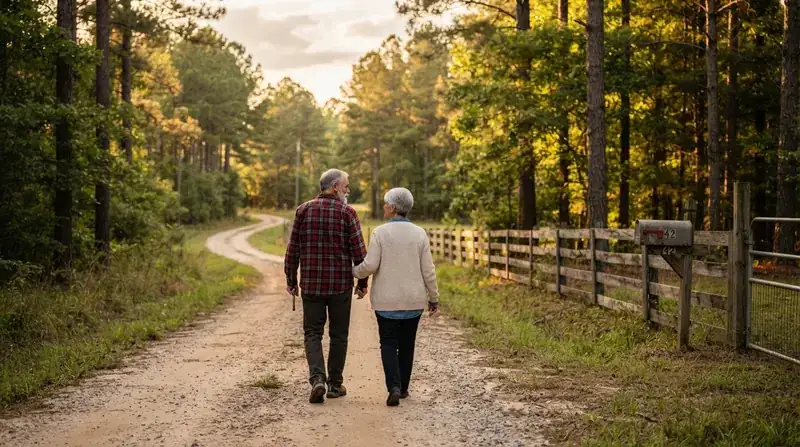 An older couple walking side by side on a quiet country road after supper in golden evening light, seen from behind