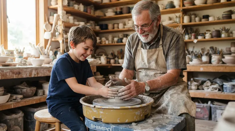 An older potter and a young boy at a potter's wheel in a sunny studio, the boy's small hands on a spinning lump of clay with the man's hands guiding