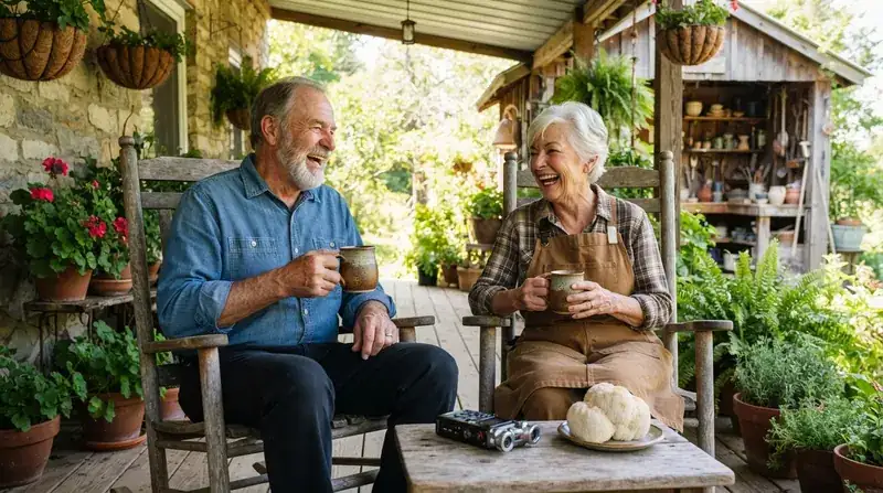 Two older potters laughing on a front porch with handmade mugs, a small audio recorder on a wooden table between them