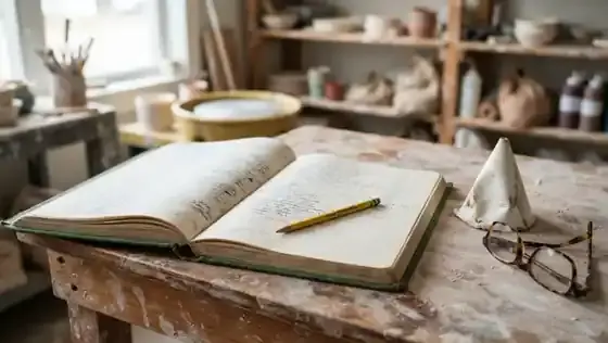 A green clothbound kiln log open on a studio bench with handwritten firing notes and a small column of pencil tally marks in the margin beside a pyrometric cone