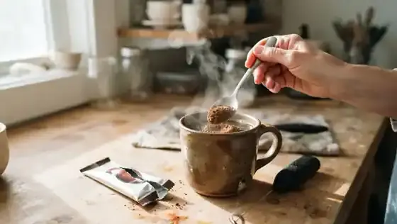 A tablespoon of dark instant coffee powder being stirred into a handmade stoneware mug of hot water, steam rising on a studio workbench